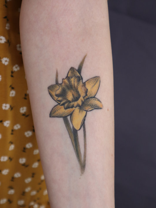 daffodil flower tattoo on a forearm