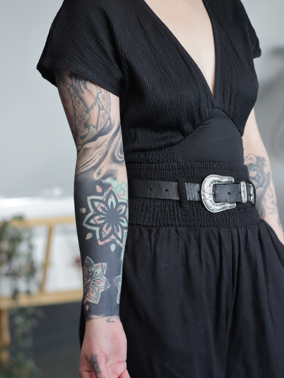 feminine black work cover-up tattoo by matt hunt in birmingham Uk
